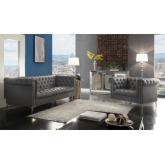 Winston Chesterfield Style Sofa in Tufted Grey Leatherette w/ Nailhead